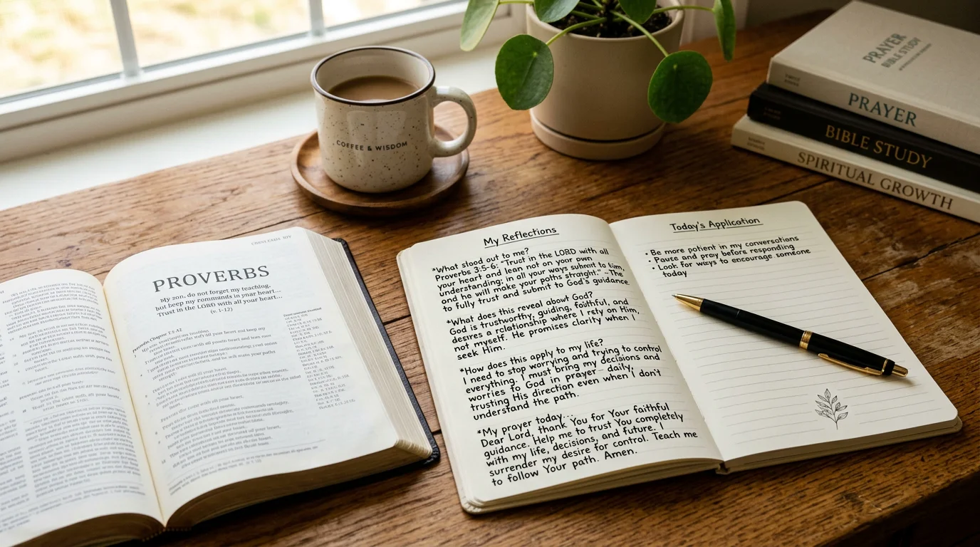 Open Bible and journal prepared for thoughtful Scripture reflection