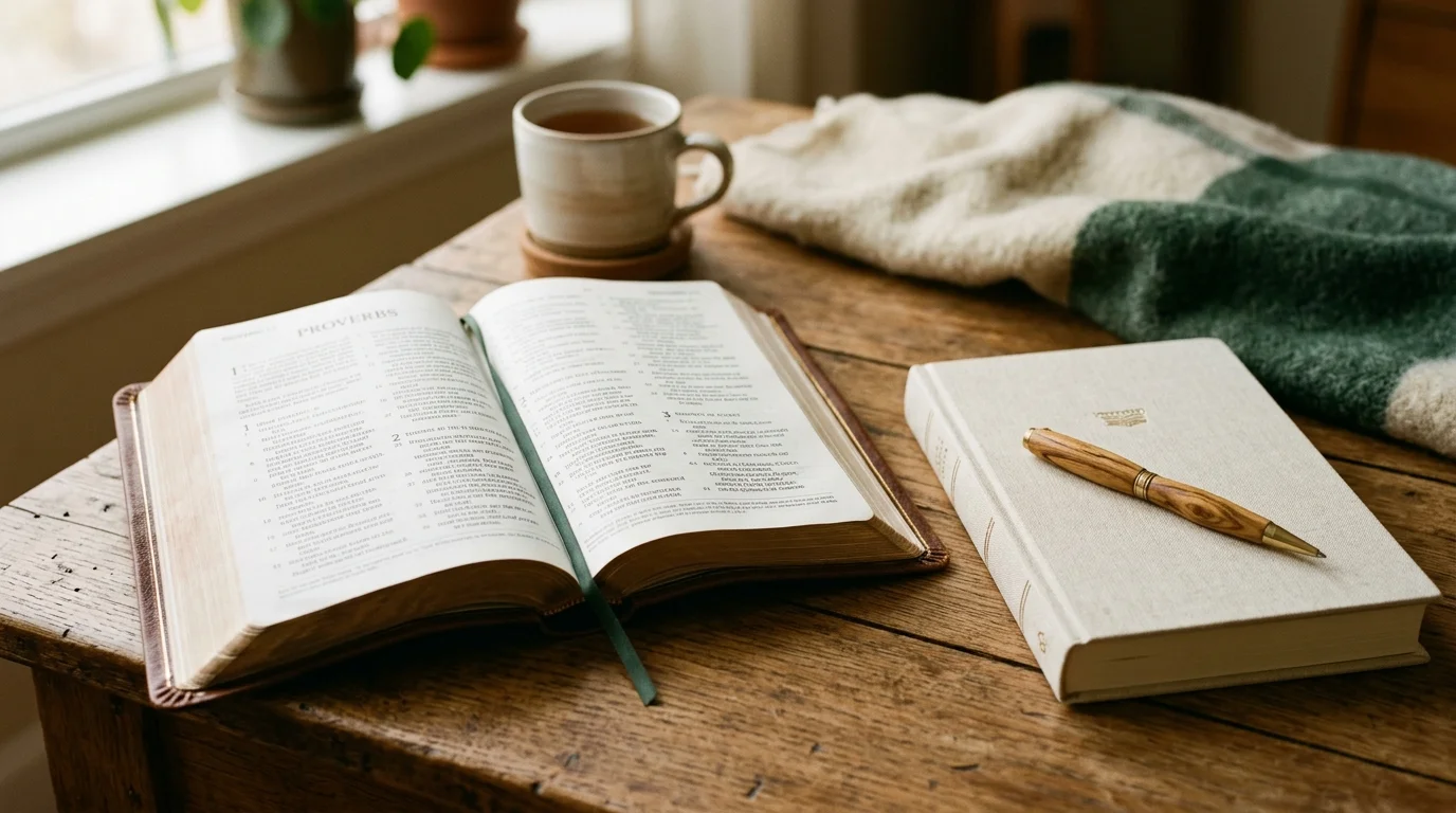 Open Bible and journal illustrating practical wisdom from the Book of Proverbs